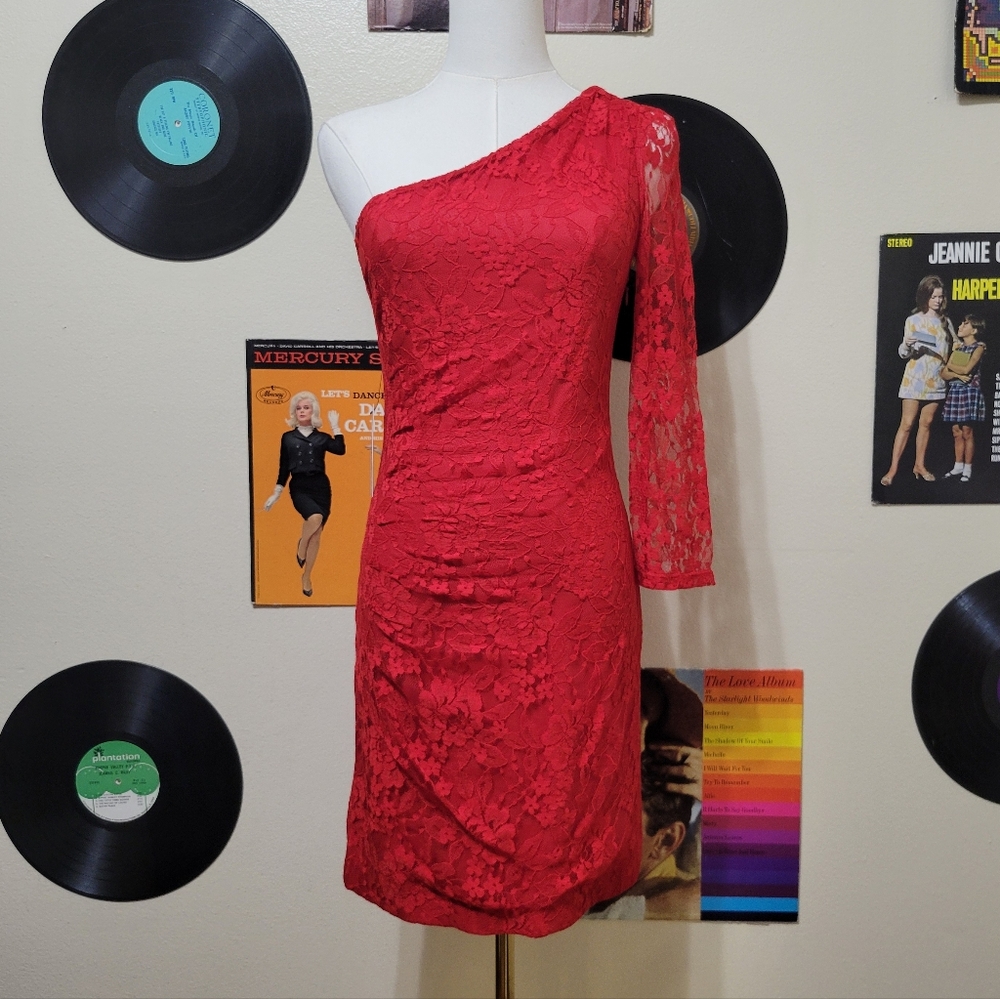 Express | 2013 Red Lace One Shoulder Mini Dress